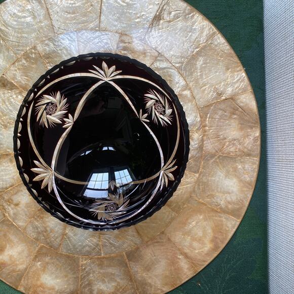 Antique Bohemian Amethyst Cut To Clear Crystal Footed Candy Dish Bowl with Lid - Picture 1 of 14